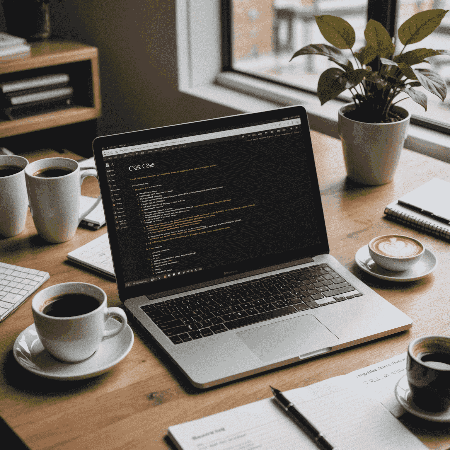 Imagen de un escritorio con una computadora mostrando código HTML, CSS y JavaScript en la pantalla, junto a un bloc de notas y una taza de café