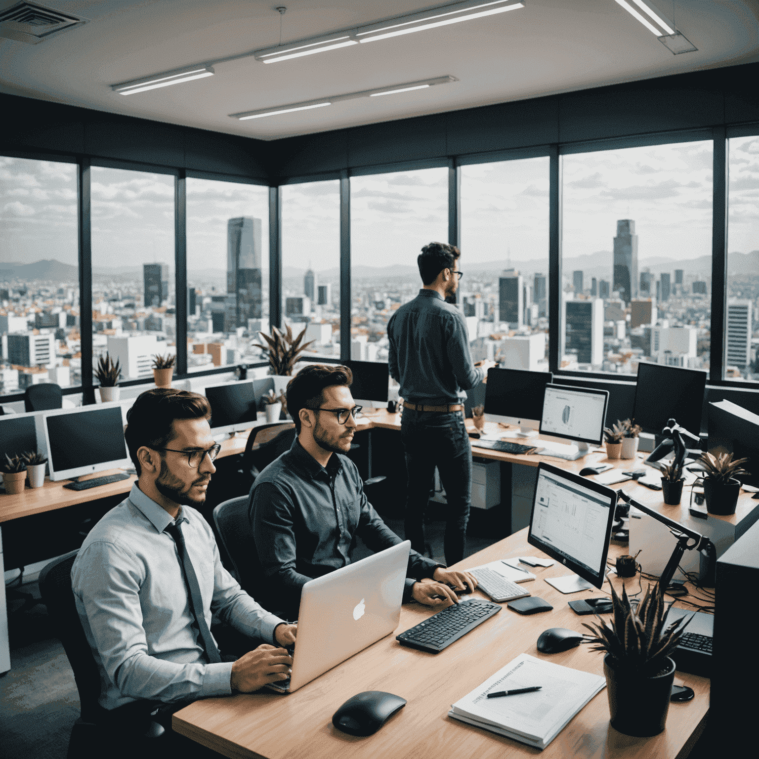 Imagen de desarrolladores web trabajando en una oficina moderna en Ciudad de México, con vistas a la ciudad y tecnología de vanguardia